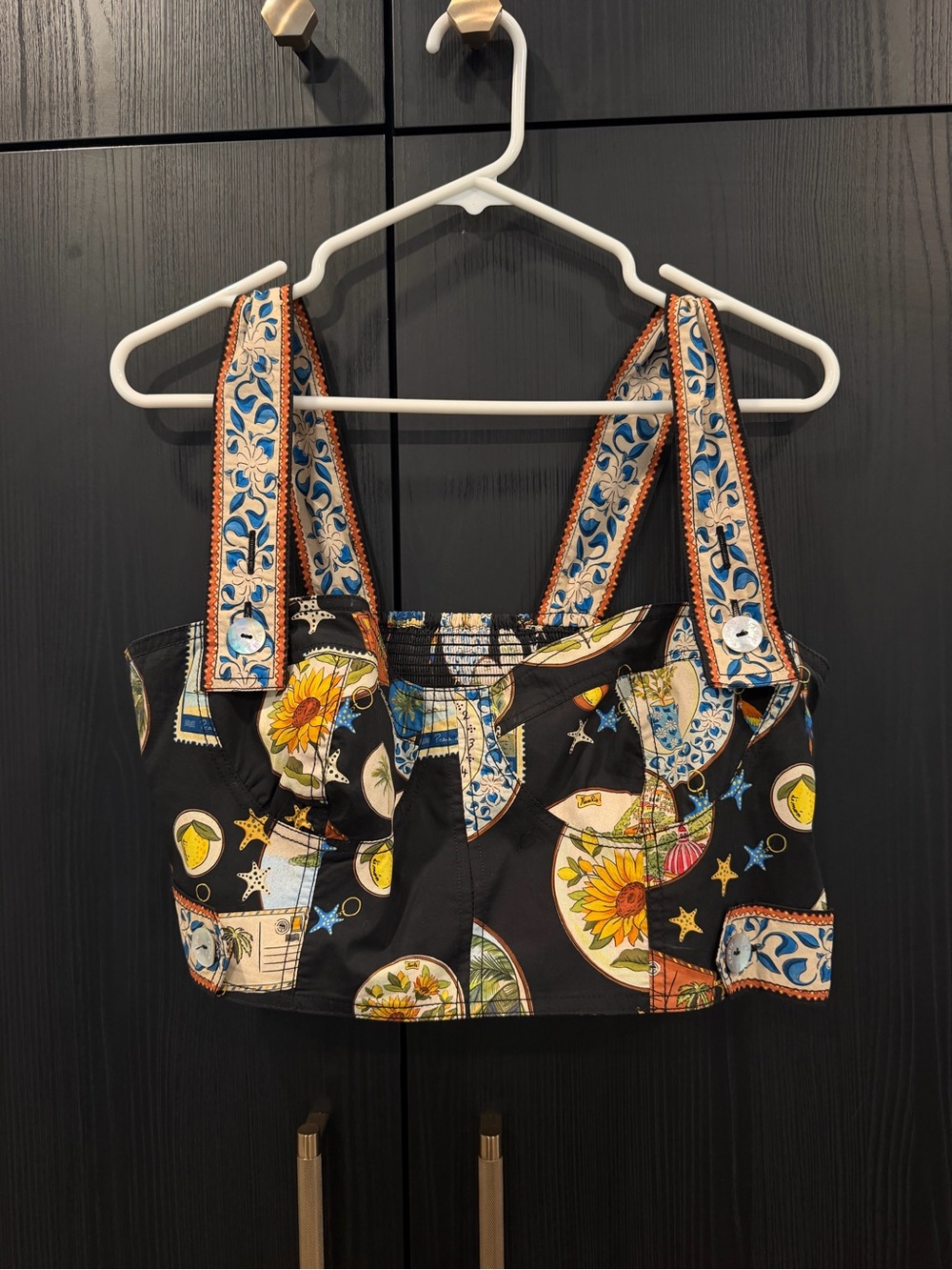 FARM Rio Black Sunflower & Celestial Print Crop Top with Embroidered Straps